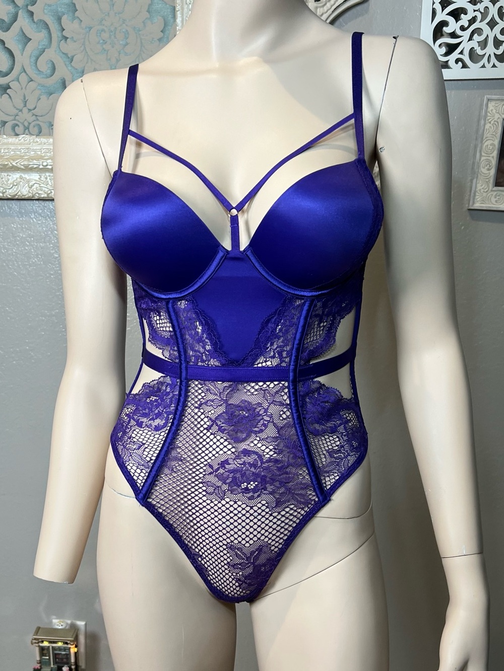 Victoria's Secret Deep Purple Lace & Satin Strappy Bodysuit - Picture 3 of 9